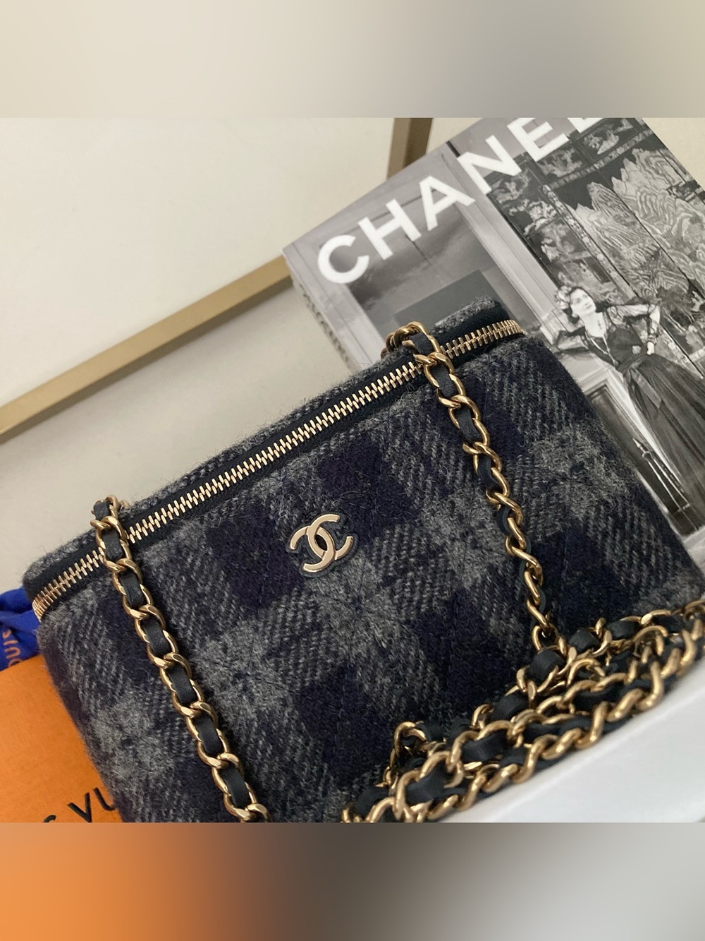 CHANEL Navy Tweed Plaid Vanity Crossbody Bag with Gold Chain